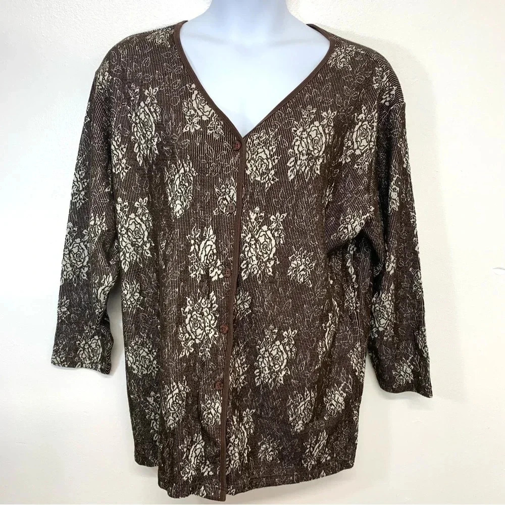 Vintage Victoria Secret Cardigan Large Brown White Floral Oversized Textured